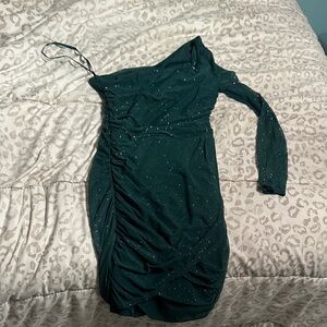 Chic One-Shoulder Teal Dress with Sparkle